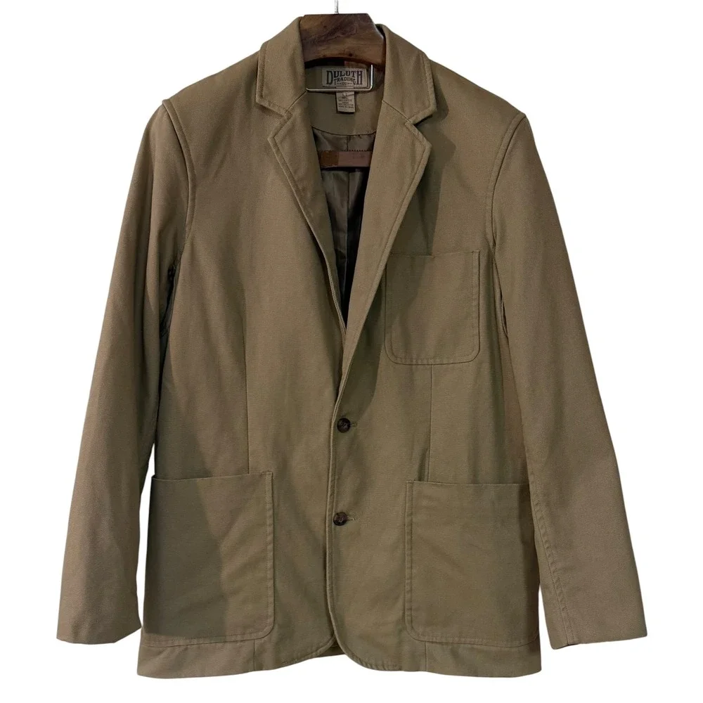 Duluth Trading Mens Fire Hose Presentation Jacket Khaki Canvas Blazer Utility LT